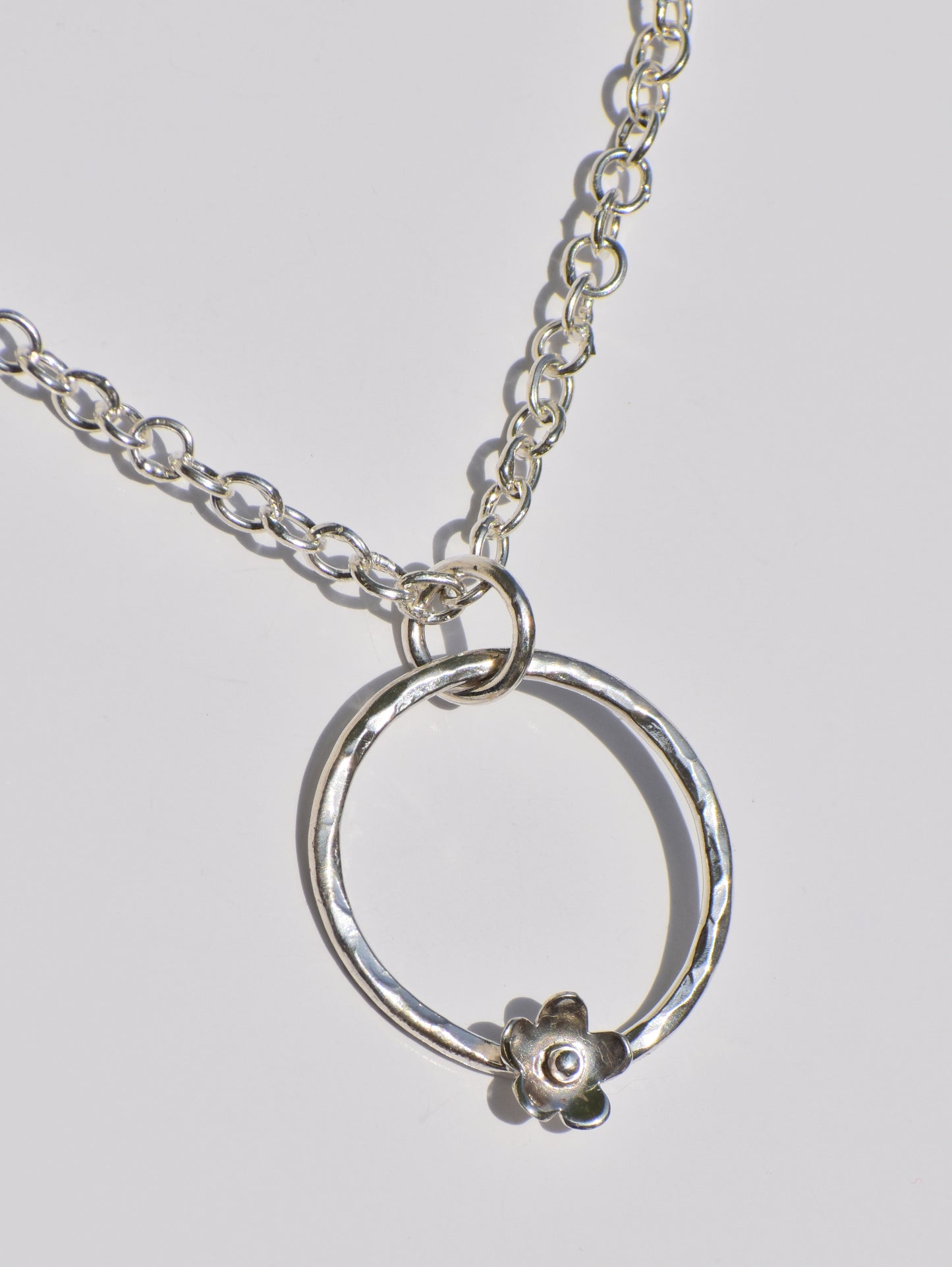 Hollow Circle Ring Necklace, Silver Pendant, Handmade Necklace, Flower On Ring Pendant, Hammered Ring Pendant, Pendant With Chain, Gift Idea