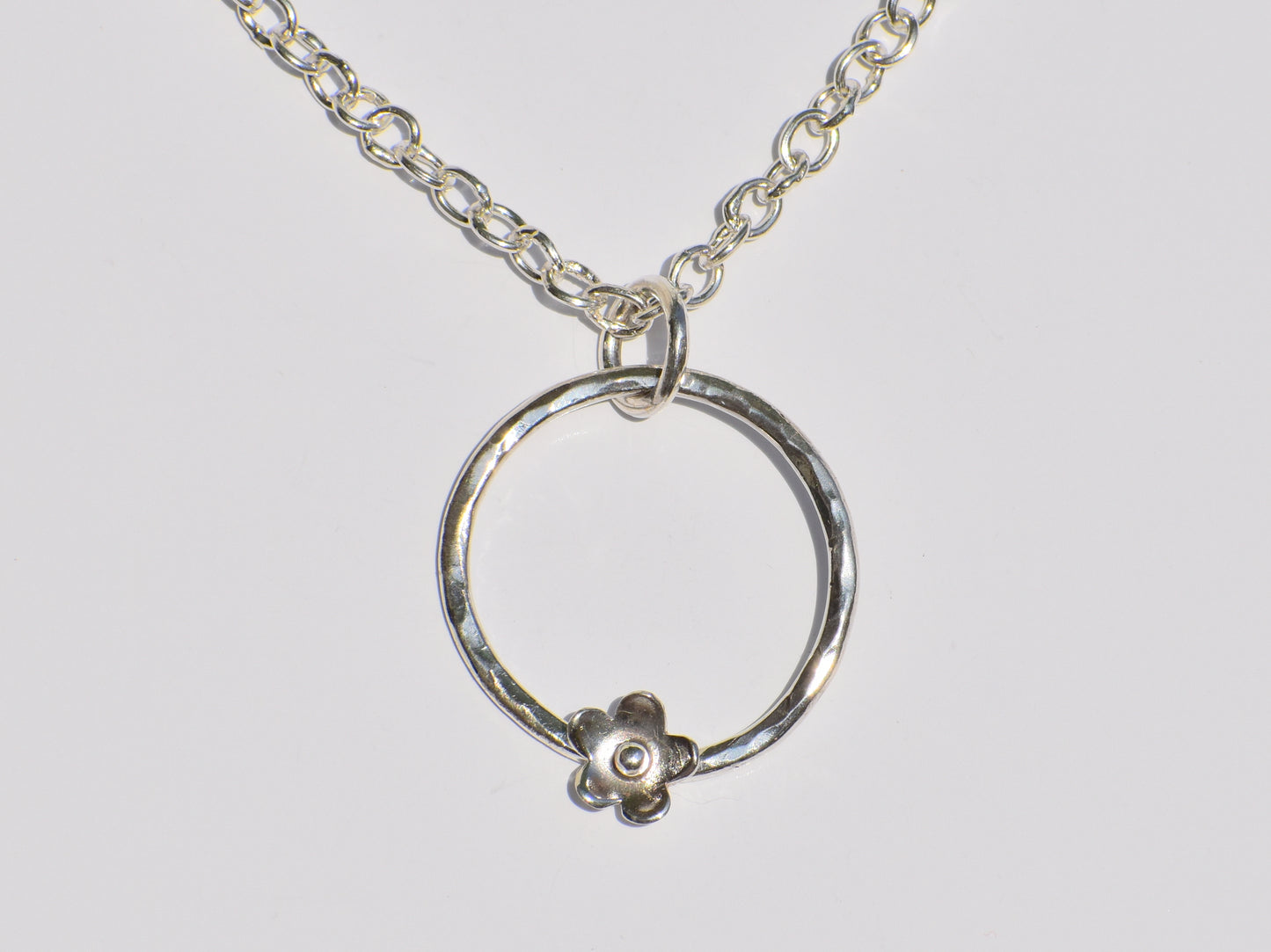 Hollow Circle Ring Necklace, Silver Pendant, Handmade Necklace, Flower On Ring Pendant, Hammered Ring Pendant, Pendant With Chain, Gift Idea