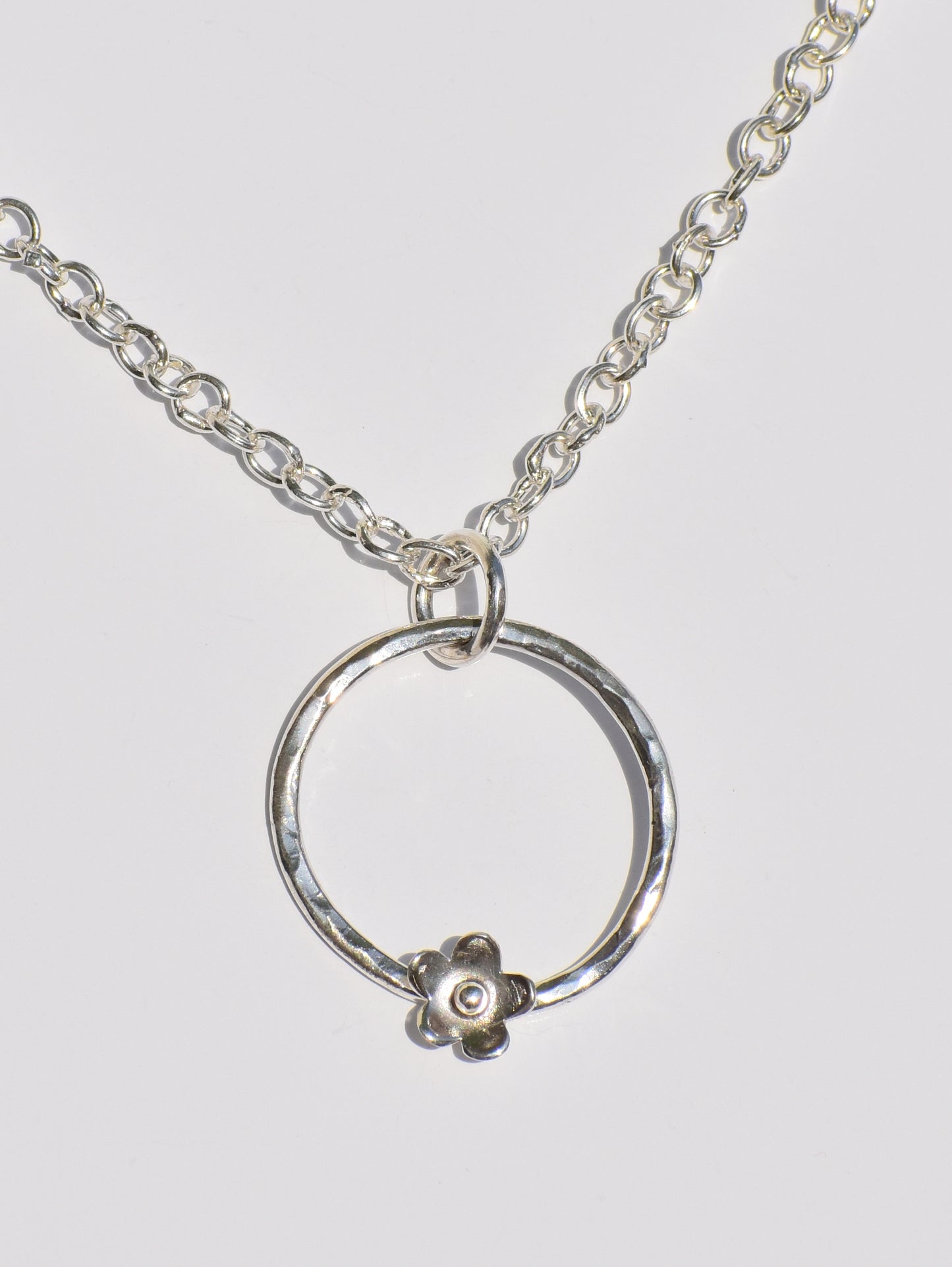Hollow Circle Ring Necklace, Silver Pendant, Handmade Necklace, Flower On Ring Pendant, Hammered Ring Pendant, Pendant With Chain, Gift Idea