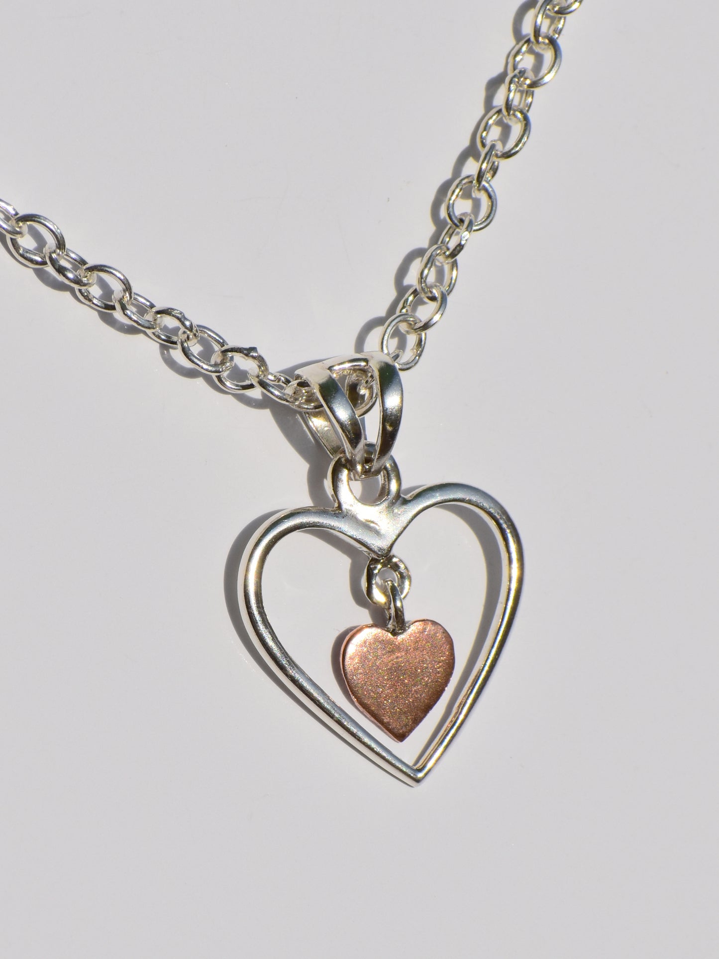 Hollow Silver Heart Necklace, Copper Heart In Silver Heart Necklace, Sterling Silver Necklace, Handmade Pendant, Pendant With Silver ChainC