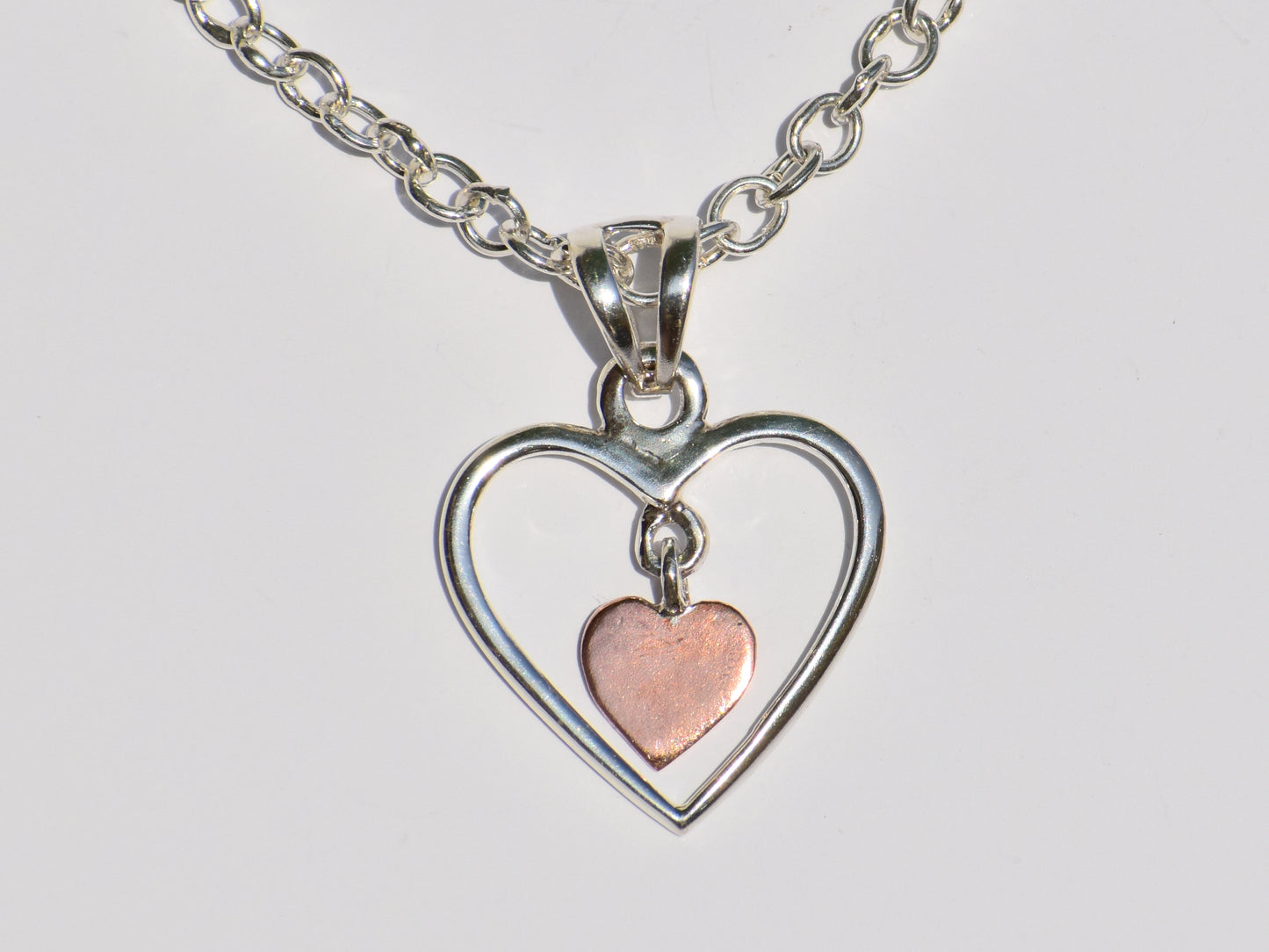 Hollow Silver Heart Necklace, Copper Heart In Silver Heart Necklace, Sterling Silver Necklace, Handmade Pendant, Pendant With Silver ChainC