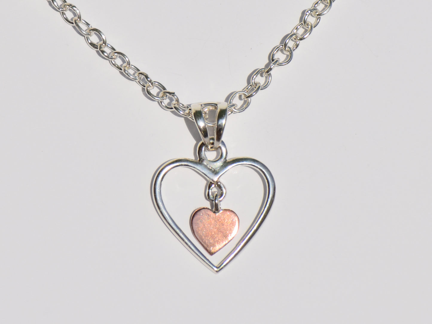 Hollow Silver Heart Necklace, Copper Heart In Silver Heart Necklace, Sterling Silver Necklace, Handmade Pendant, Pendant With Silver ChainC