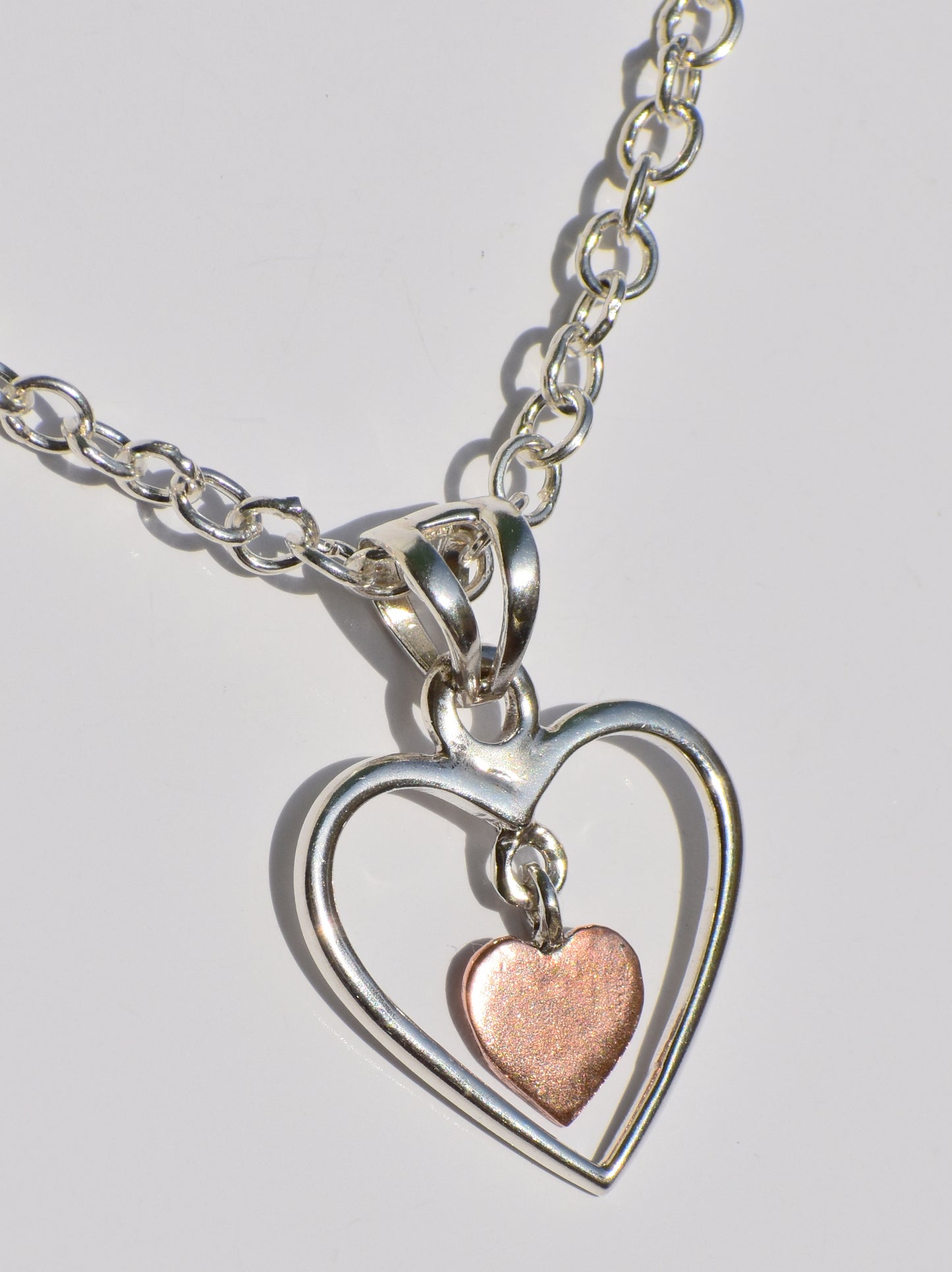 Hollow Silver Heart Necklace, Copper Heart In Silver Heart Necklace, Sterling Silver Necklace, Handmade Pendant, Pendant With Silver ChainC