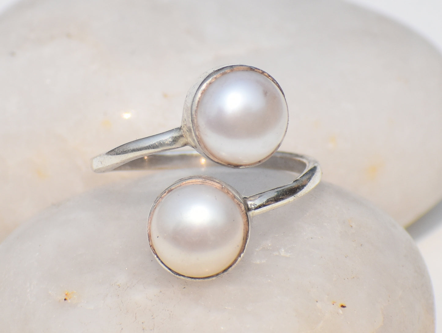 Double Pearl Ring, Adjustable Ring, Gemstone Ring, Handmade Ring, 925 Sterling Silver Ring, June Birthstone, Anniversary Gift, Gift For Her