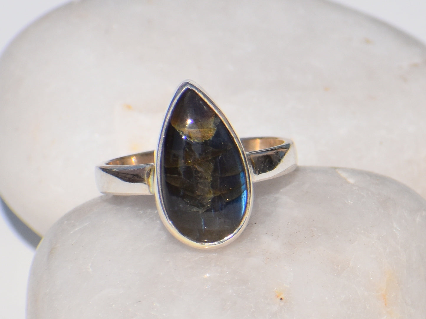 Natural Labradorite Ring, Pear Drop Ring, Healing Gemstone Ring, Blue Flash Gemstone, Silver Dainty Ring, Statement Jewelry, Gift For Lover