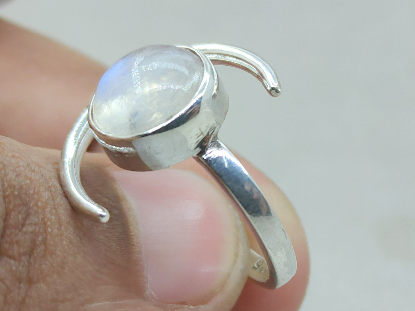 Natural Moonstone Ring, Crescent Moon Ring, Sterling Silver Ring, Handmade Ring, June Birthstone, Round Moonstone, Rainbow Moonstone Jewelry