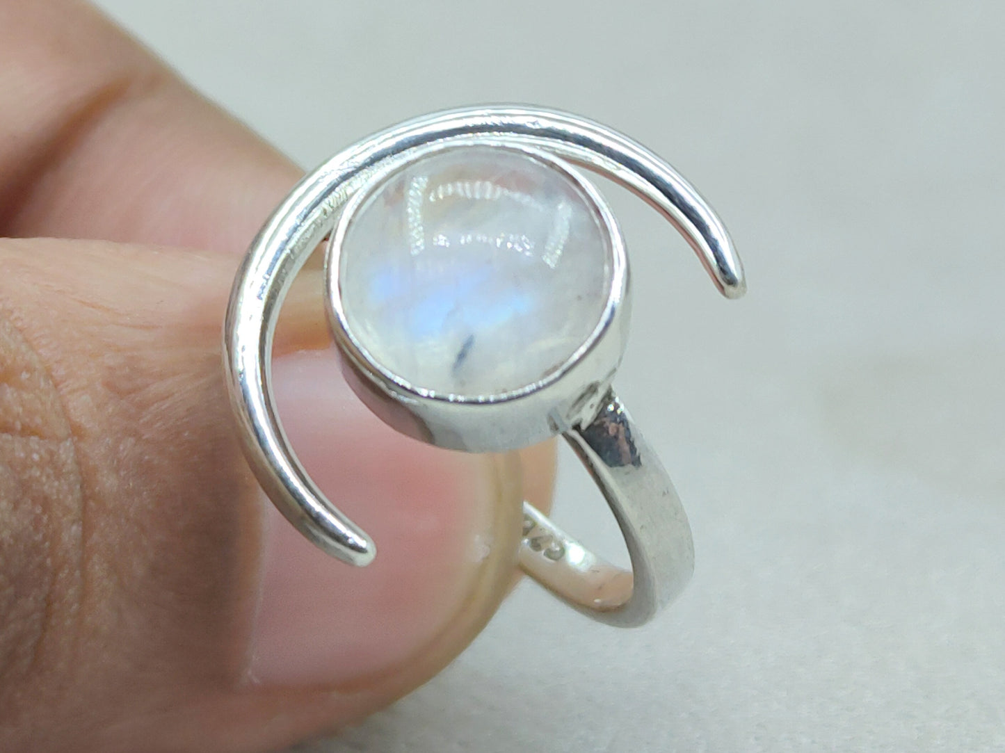 Natural Moonstone Ring, Crescent Moon Ring, Sterling Silver Ring, Handmade Ring, June Birthstone, Round Moonstone, Rainbow Moonstone Jewelry