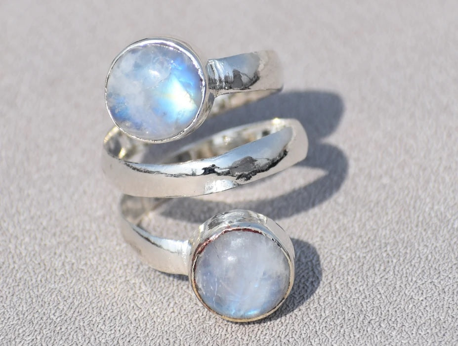 Moonstone Ring, Spiral Ring, Adjustable Ring, Sterling Silver Ring, Handmade Ring, Coil Ring, Natural Moonstone, Round Moonstone, Gift Ring