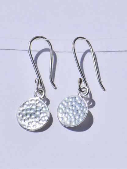 Silver Dangled Earrings, Hammered Circle Earrings, Ear Wire Closure Earrings, Handcrafted Earrings, Women Accessories, Fancy Hanging Jewelry