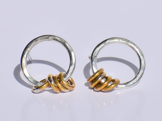 Silver Hollow Circle Studs Earrings, Hammered Ring Studs Earrings, Brass Rings In Silver Ring Earrings, Metal Fusion Ring, Women Accessories