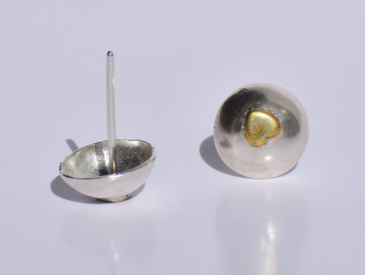 Heart Studs Earrings, Silver Studs Earrings, Silver Sphere Studs, Brass Heart On Silver, Handmade Studs, Sterling Silver Jewelry, Women Gift
