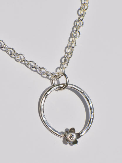 Hollow Circle Ring Necklace, Silver Pendant, Handmade Necklace, Flower On Ring Pendant, Hammered Ring Pendant, Pendant With Chain, Gift Idea