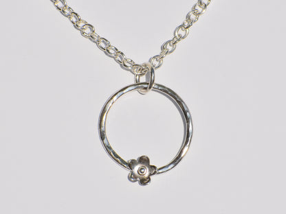 Hollow Circle Ring Necklace, Silver Pendant, Handmade Necklace, Flower On Ring Pendant, Hammered Ring Pendant, Pendant With Chain, Gift Idea