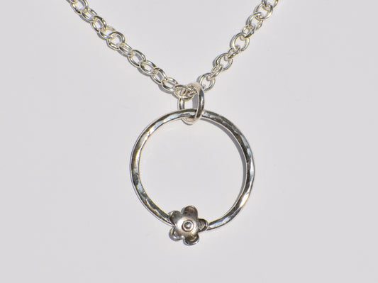 Hollow Circle Ring Necklace, Silver Pendant, Handmade Necklace, Flower On Ring Pendant, Hammered Ring Pendant, Pendant With Chain, Gift Idea