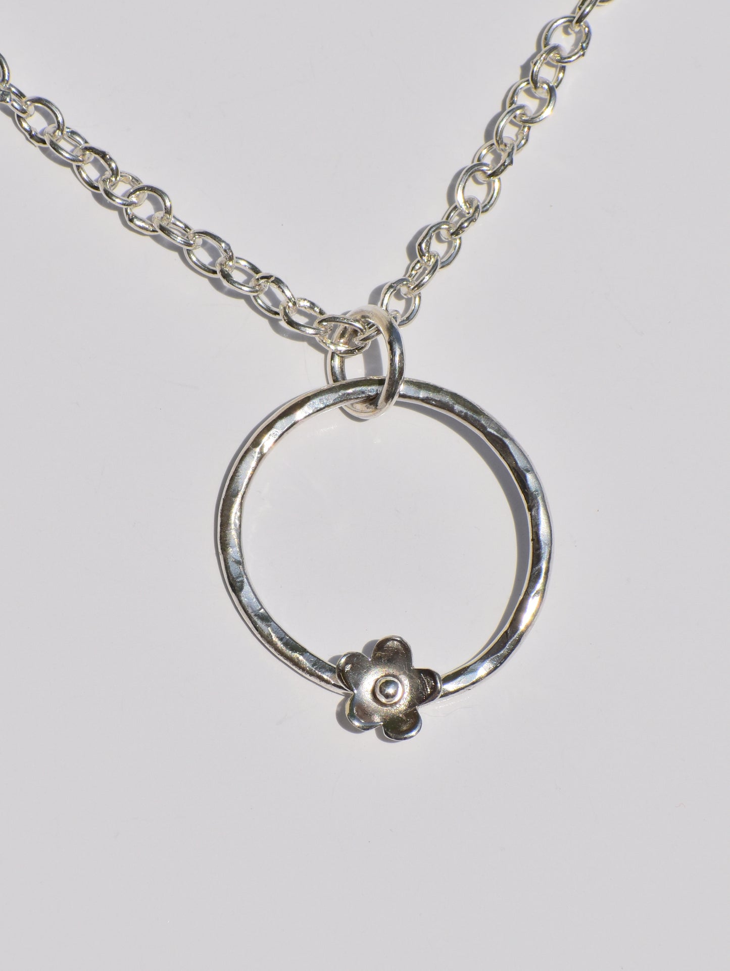 Hollow Circle Ring Necklace, Silver Pendant, Handmade Necklace, Flower On Ring Pendant, Hammered Ring Pendant, Pendant With Chain, Gift Idea