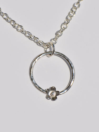 Hollow Circle Ring Necklace, Silver Pendant, Handmade Necklace, Flower On Ring Pendant, Hammered Ring Pendant, Pendant With Chain, Gift Idea
