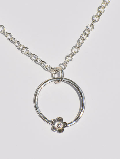 Hollow Circle Ring Necklace, Silver Pendant, Handmade Necklace, Flower On Ring Pendant, Hammered Ring Pendant, Pendant With Chain, Gift Idea
