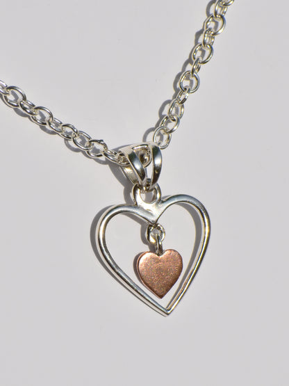 Hollow Silver Heart Necklace, Copper Heart In Silver Heart Necklace, Sterling Silver Necklace, Handmade Pendant, Pendant With Silver ChainC
