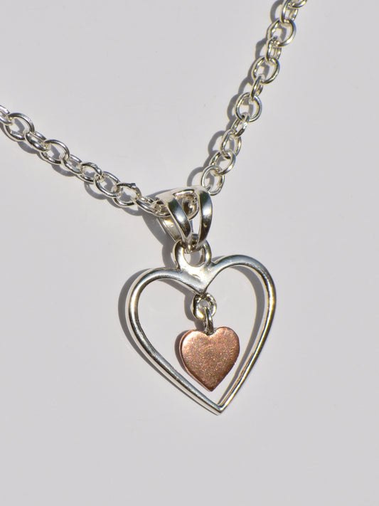 Hollow Silver Heart Necklace, Copper Heart In Silver Heart Necklace, Sterling Silver Necklace, Handmade Pendant, Pendant With Silver ChainC