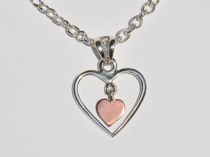 Hollow Silver Heart Necklace, Copper Heart In Silver Heart Necklace, Sterling Silver Necklace, Handmade Pendant, Pendant With Silver ChainC