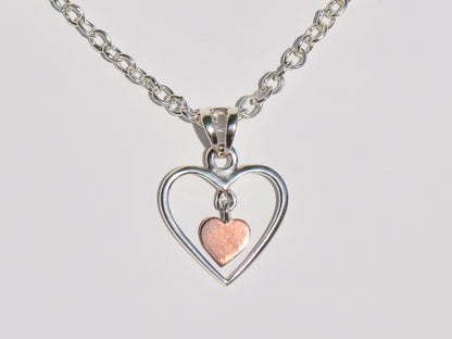 Hollow Silver Heart Necklace, Copper Heart In Silver Heart Necklace, Sterling Silver Necklace, Handmade Pendant, Pendant With Silver ChainC