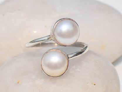 Double Pearl Ring, Adjustable Ring, Gemstone Ring, Handmade Ring, 925 Sterling Silver Ring, June Birthstone, Anniversary Gift, Gift For Her