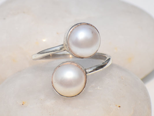 Double Pearl Ring, Adjustable Ring, Gemstone Ring, Handmade Ring, 925 Sterling Silver Ring, June Birthstone, Anniversary Gift, Gift For Her
