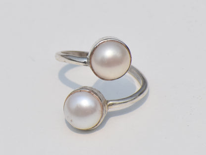 Double Pearl Ring, Adjustable Ring, Gemstone Ring, Handmade Ring, 925 Sterling Silver Ring, June Birthstone, Anniversary Gift, Gift For Her