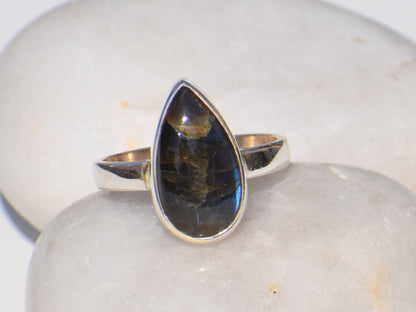 Natural Labradorite Ring, Pear Drop Ring, Healing Gemstone Ring, Blue Flash Gemstone, Silver Dainty Ring, Statement Jewelry, Gift For Lover