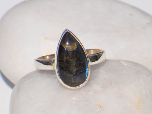 Natural Labradorite Ring, Pear Drop Ring, Healing Gemstone Ring, Blue Flash Gemstone, Silver Dainty Ring, Statement Jewelry, Gift For Lover
