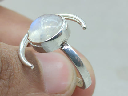 Natural Moonstone Ring, Crescent Moon Ring, Sterling Silver Ring, Handmade Ring, June Birthstone, Round Moonstone, Rainbow Moonstone Jewelry
