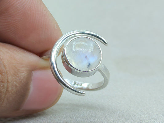 Natural Moonstone Ring, Crescent Moon Ring, Sterling Silver Ring, Handmade Ring, June Birthstone, Round Moonstone, Rainbow Moonstone Jewelry