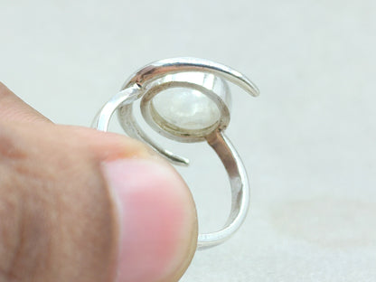 Natural Moonstone Ring, Crescent Moon Ring, Sterling Silver Ring, Handmade Ring, June Birthstone, Round Moonstone, Rainbow Moonstone Jewelry