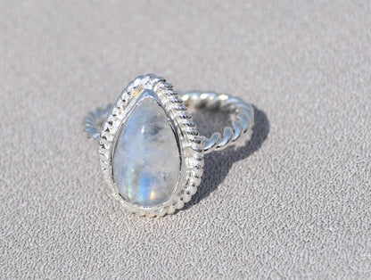Rainbow Moonstone Ring, 925 Sterling Silver Ring, Gemstone Ring, Pear Shape Ring, Handmade Jewelry, Teardrop Moonstone Ring, Statement ring