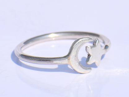 Silver Star Ring, Silver Crescent Ring, 925 Silver Ring, Handmade Ring, Adjustable Ring, Silver Dainty Ring, Bohemian Ring, Stacking Jewelry
