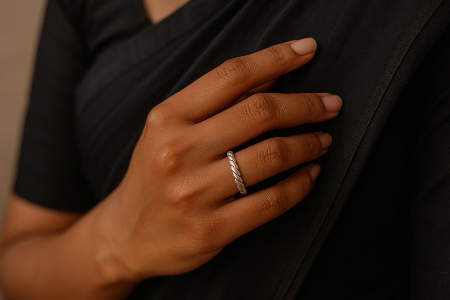 a indian women wore a silver twist ring in black saree and focus on fingers only 
